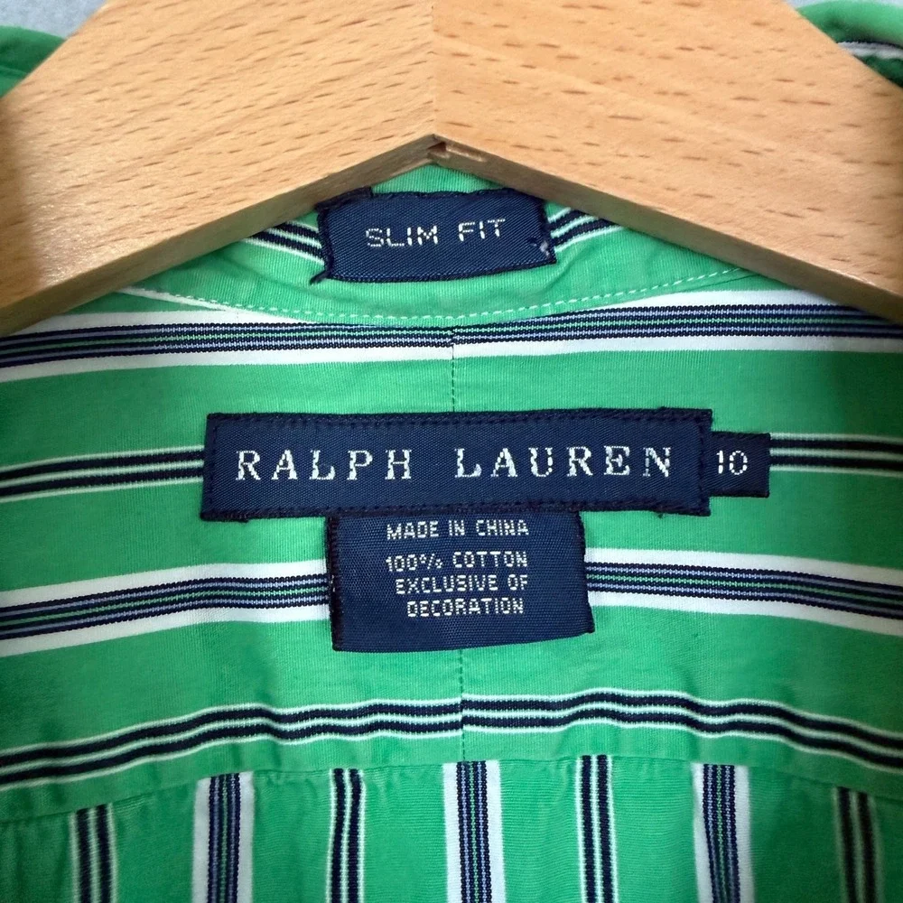 Ralph Lauren Boys 10 Slim Fit Green Striped Button Down‎ Long Sleeve Shirt